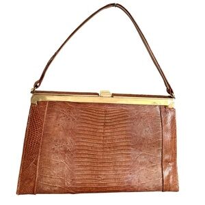 Vintage Genuine Lizard Handbag Leather British Tan Structured Y2K Evening Bag